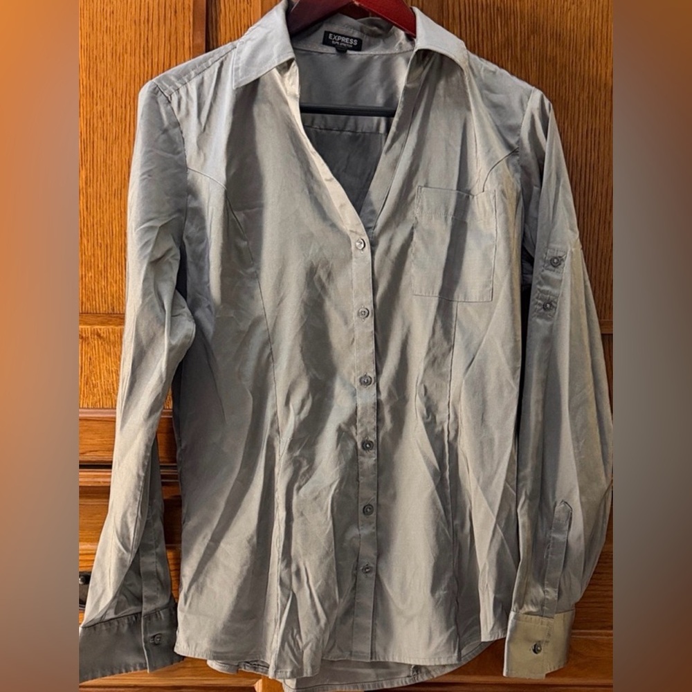 Express Elite Stretch Deep V-neck Button Down Shirt Office Liquid Satin Classic